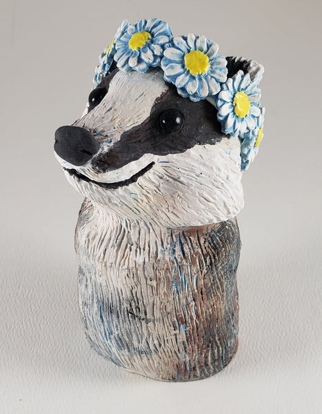 Frances the Badger Wears a Daisy Headband - Artworks by Karen Fincannon