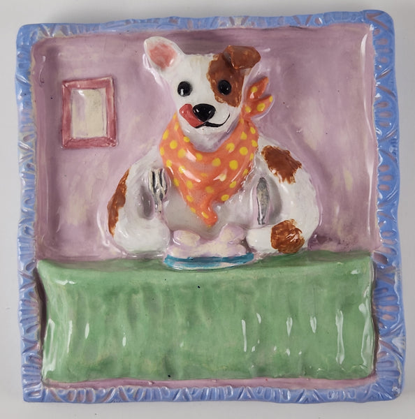 Dog Eating Dinner Tile - Artworks by Karen Fincannon