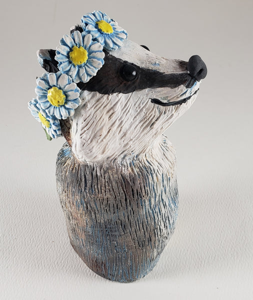 Frances the Badger Wears a Daisy Headband - Artworks by Karen Fincannon